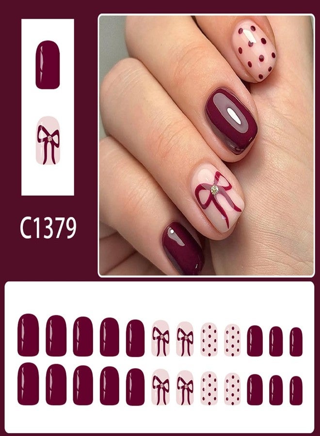 OSTTMA Wine Red Press on Nails Short Square Fake Nails with Polka Dot Bow Designs Cute Polka Dots False Nail Full Cover Bow Glue on Nails Acrylic Stick on Nail for Women Manicure Decoration 24Pcs - Image 2